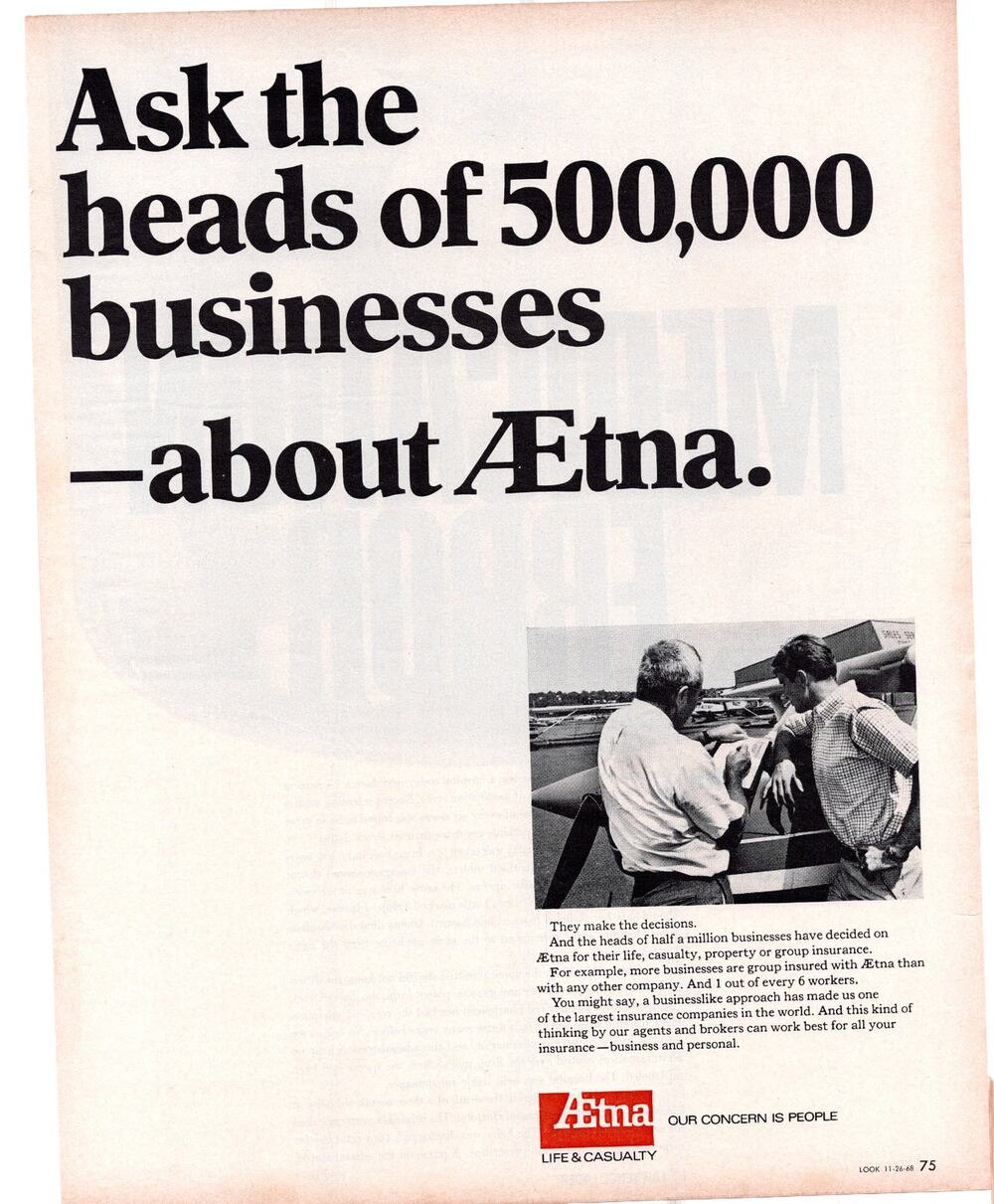 Aetna Life & Casualty Insurance Advertisement 1968 Vintage Business Ephemera